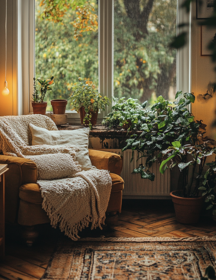 A softly lit sitting room surrounded by lush plants. A cozy gold-colored chair with a soft-looking throw blanket and pillow. 
