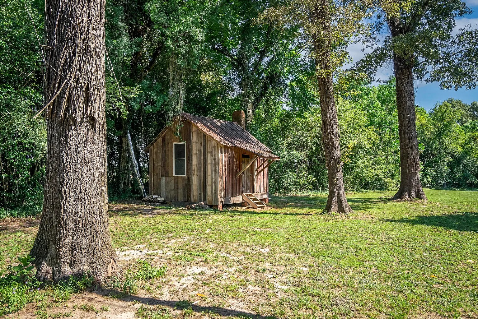 Charming farmhouse-style backyard shed surrounded by lush green grass