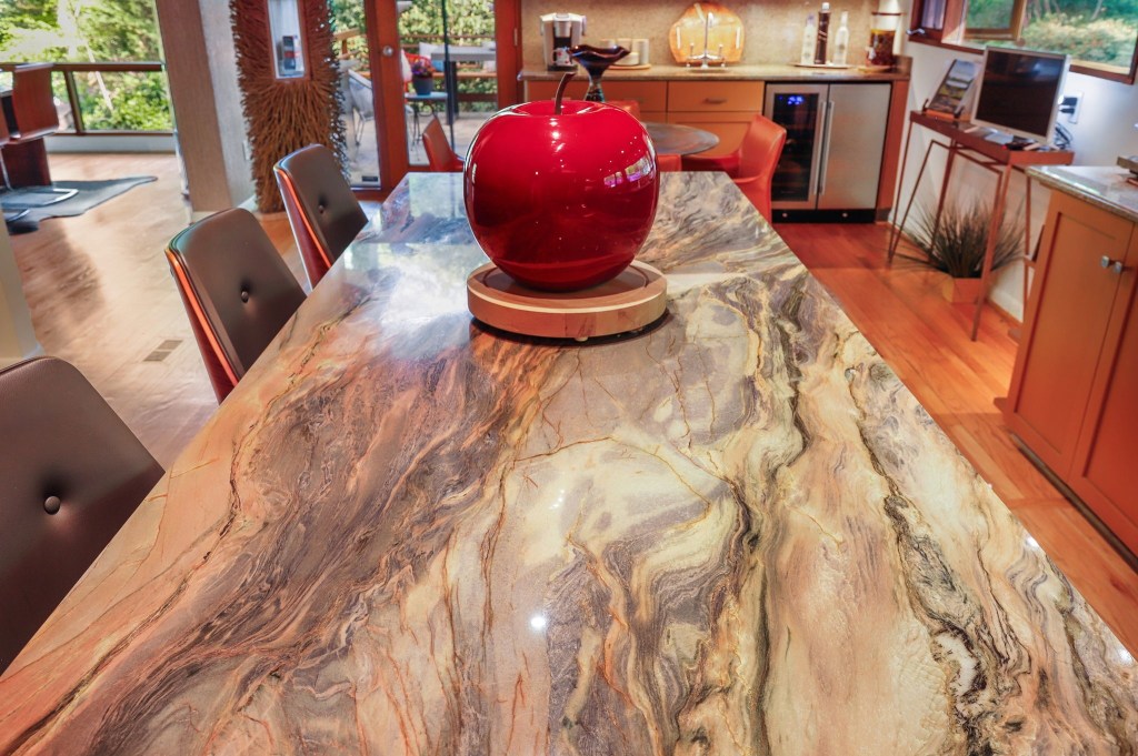 Mid-century retro kitchen with warm cabinetry and natural wood tones and clerestory windows in Baltimore Maryland
