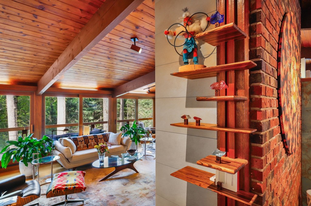 vaulted ceilings and built in unique bookshelf