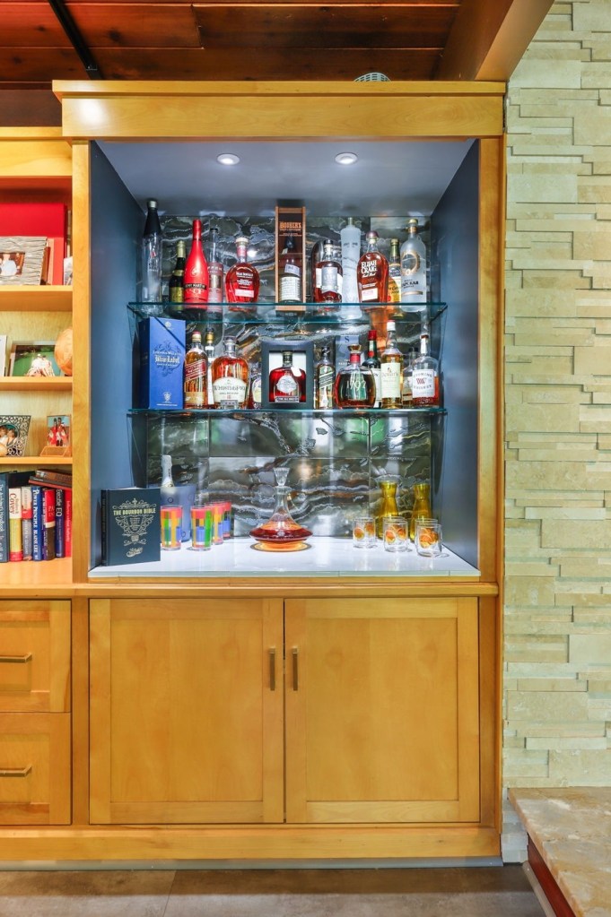 Built in wooden bar in mid century modern house