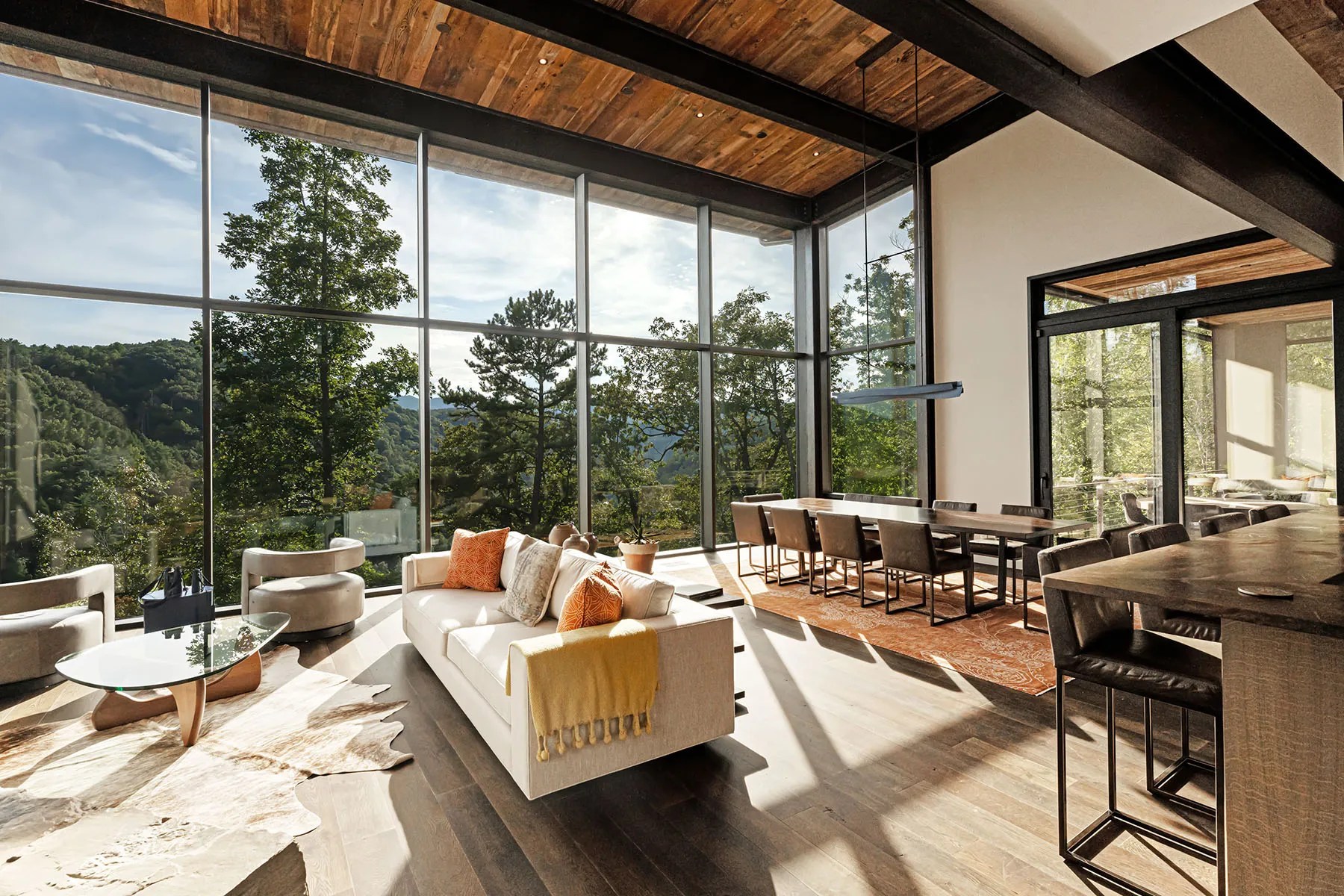 Framed mountain and tree views from inside this living roof home near Asheville

