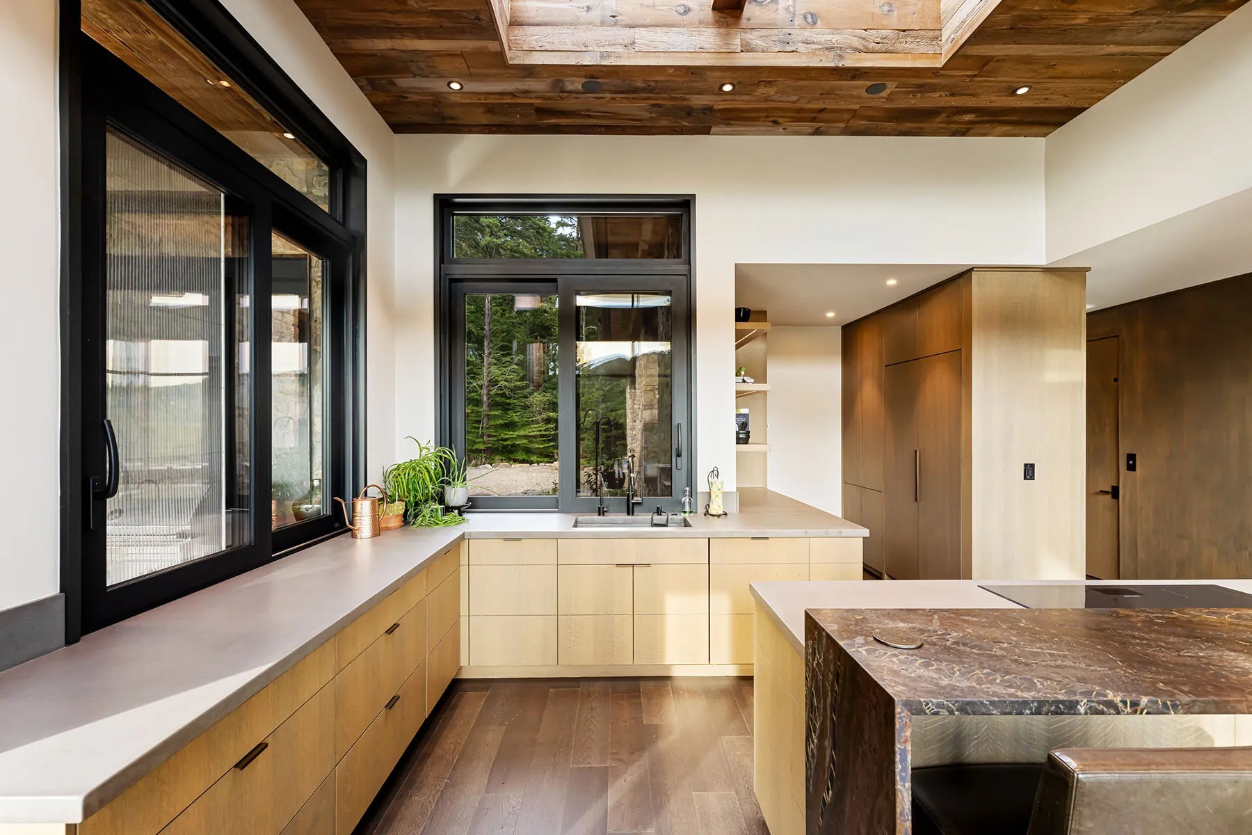 Eco-conscious kitchen design with clean lines, energy-efficient appliances, and natural materials

