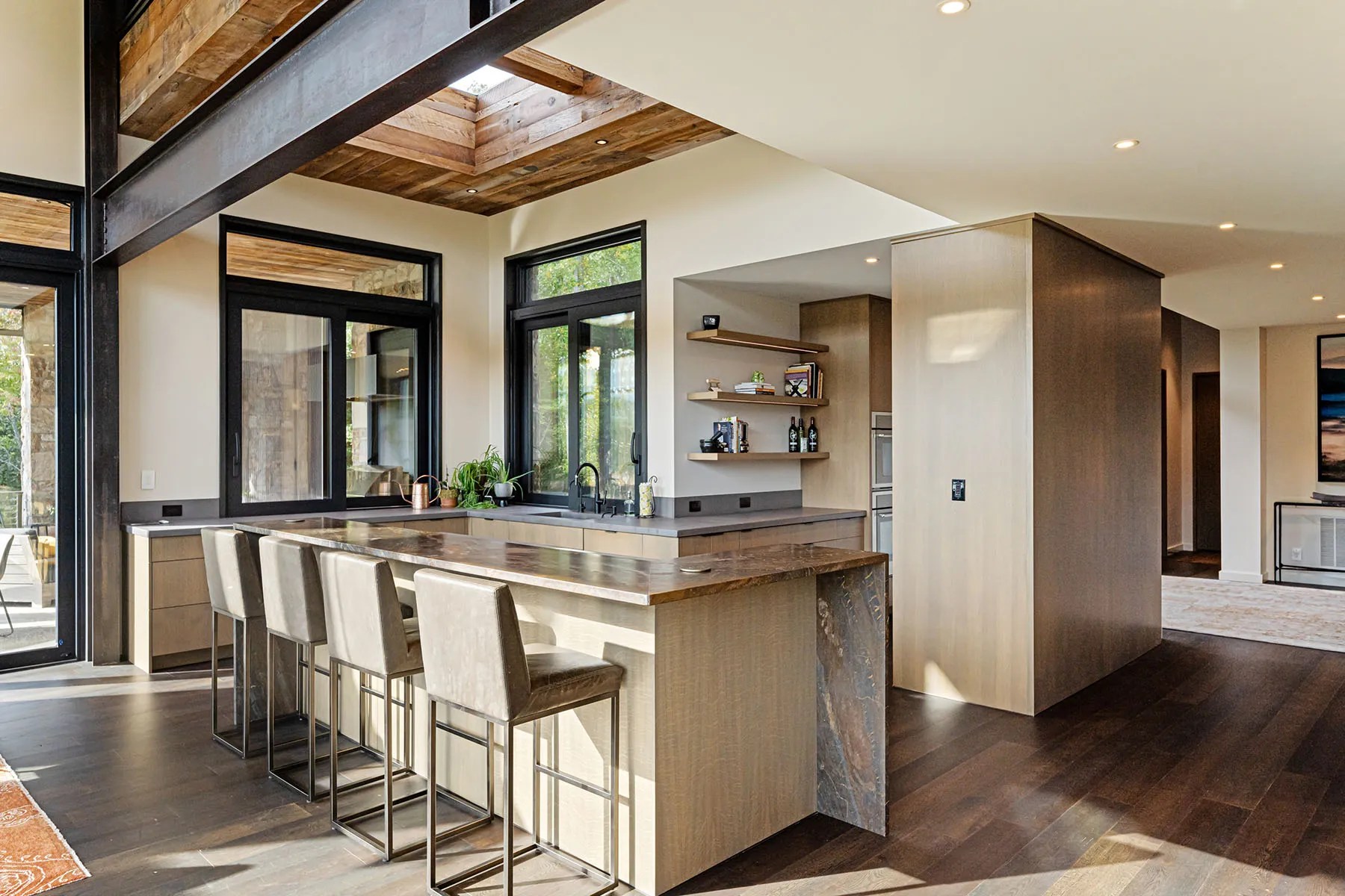 Eco-conscious kitchen design with clean lines, energy-efficient appliances, and natural materials

